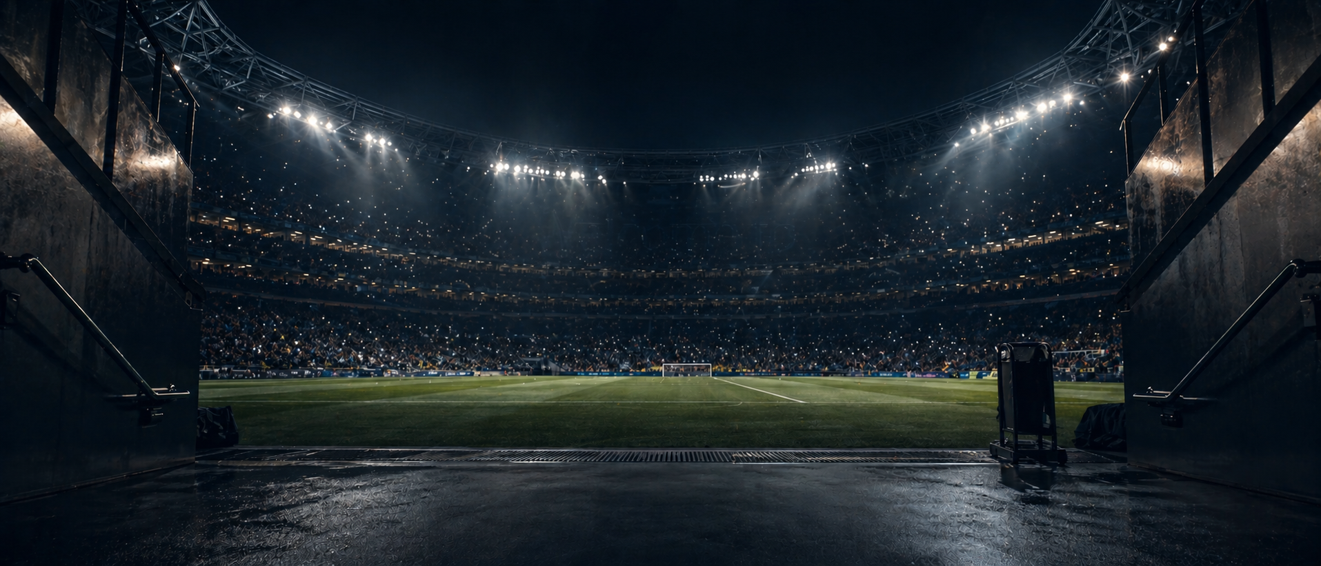 Night football stadium viewed from the players tunnel